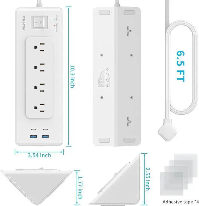 Alt view image 7 of 7 - Electrical Outlet Extender with USB C, Flat Wall Plug Extension Cord with 4 Sockets, Surge Protector Power Strip 15 Amps/1200 Joules, 6.5 Ft Multi-Plug Extension Cable for Home Office Dorm, White