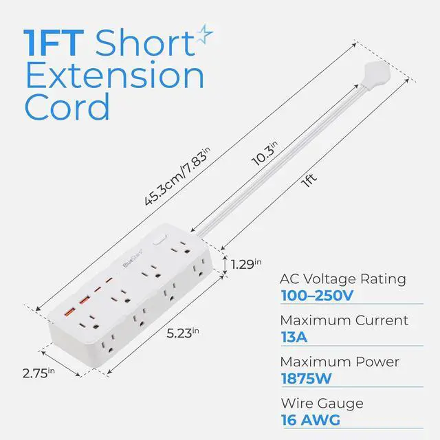 Alt view image 2 of 7 - Short Extension Cord 1Ft - 8 Outlets Power Strip Flat Plug Surge Protector with 4 USB (5V 3.4A 17W), Multi Plug Wall Outlet Splitter, Desk Charging Station for Home Office Dorm Collages