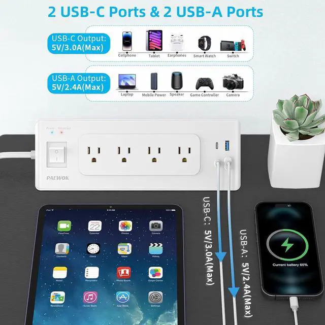 Alt view image 3 of 7 - Electrical Outlet Extender with USB C, Flat Wall Plug Extension Cord with 4 Sockets, Surge Protector Power Strip 15 Amps/1200 Joules, 6.5 Ft Multi-Plug Extension Cable for Home Office Dorm, White