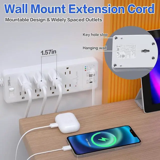 Alt view image 2 of 6 - Surge Protector Power Strip, Extension Cord with USB Timer 8 Outlets(1875W/15A) and 2 USB A+2USB C Ports, ETL Listed, Wall Mountable, 1200J Surge Protector for Home, Office