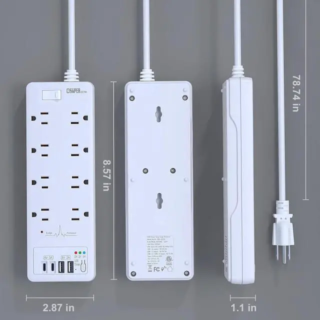 Alt view image 5 of 6 - Surge Protector Power Strip, Extension Cord with USB Timer 8 Outlets(1875W/15A) and 2 USB A+2USB C Ports, ETL Listed, Wall Mountable, 1200J Surge Protector for Home, Office