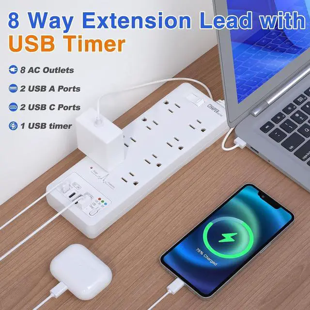 Alt view image 6 of 6 - Surge Protector Power Strip, Extension Cord with USB Timer 8 Outlets(1875W/15A) and 2 USB A+2USB C Ports, ETL Listed, Wall Mountable, 1200J Surge Protector for Home, Office
