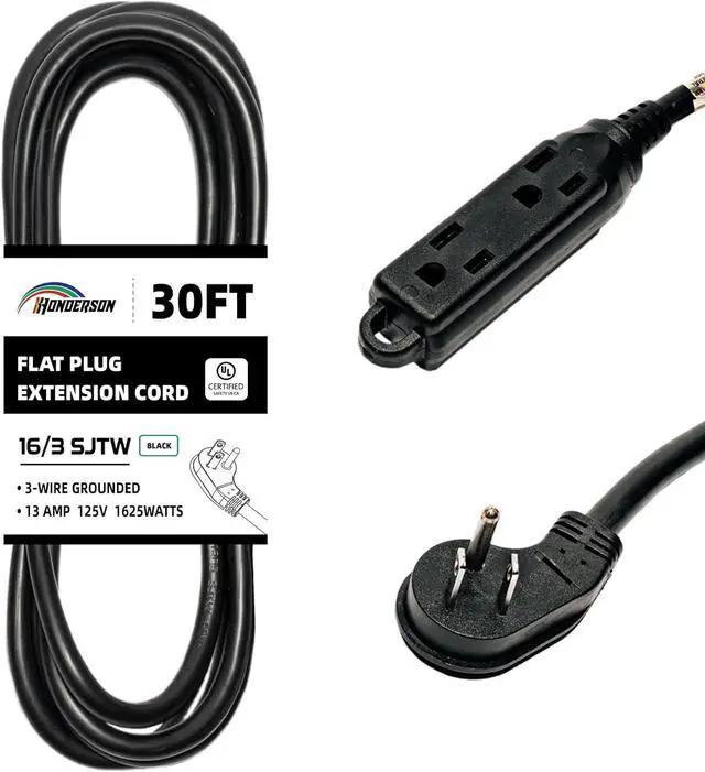 Main image of 3-Outlets Flat Plug Indoor Extension Cord Outlet Extender, UL Listed, 16 Gauge 30FT Black 3 Prong Heavy Duty, 16/3 SJTW 13A Power Strip