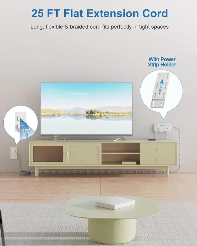 Alt view image 2 of 7 - Extension Cord 25 FT Multiple Outlets - Surge Protector Power Strip 8 AC Outlets 3 USB (3.4A 17W) 1080 Joules Flat Long Braided Cord Wall Mountable for Home College Dorm 13A 1625W