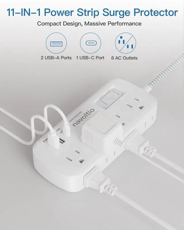 Alt view image 3 of 7 - Extension Cord 25 FT Multiple Outlets - Surge Protector Power Strip 8 AC Outlets 3 USB (3.4A 17W) 1080 Joules Flat Long Braided Cord Wall Mountable for Home College Dorm 13A 1625W