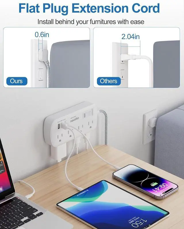 Alt view image 4 of 7 - Extension Cord 25 FT Multiple Outlets - Surge Protector Power Strip 8 AC Outlets 3 USB (3.4A 17W) 1080 Joules Flat Long Braided Cord Wall Mountable for Home College Dorm 13A 1625W