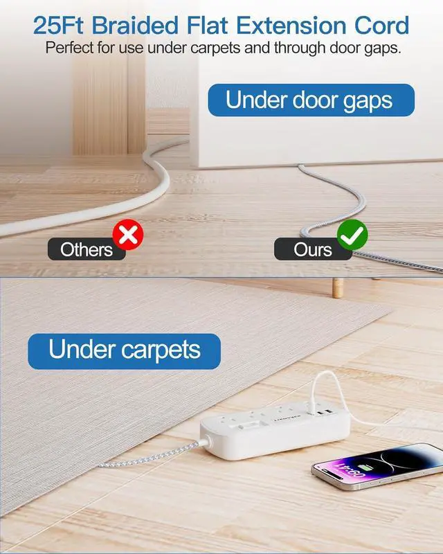 Alt view image 5 of 7 - Extension Cord 25 FT Multiple Outlets - Surge Protector Power Strip 8 AC Outlets 3 USB (3.4A 17W) 1080 Joules Flat Long Braided Cord Wall Mountable for Home College Dorm 13A 1625W