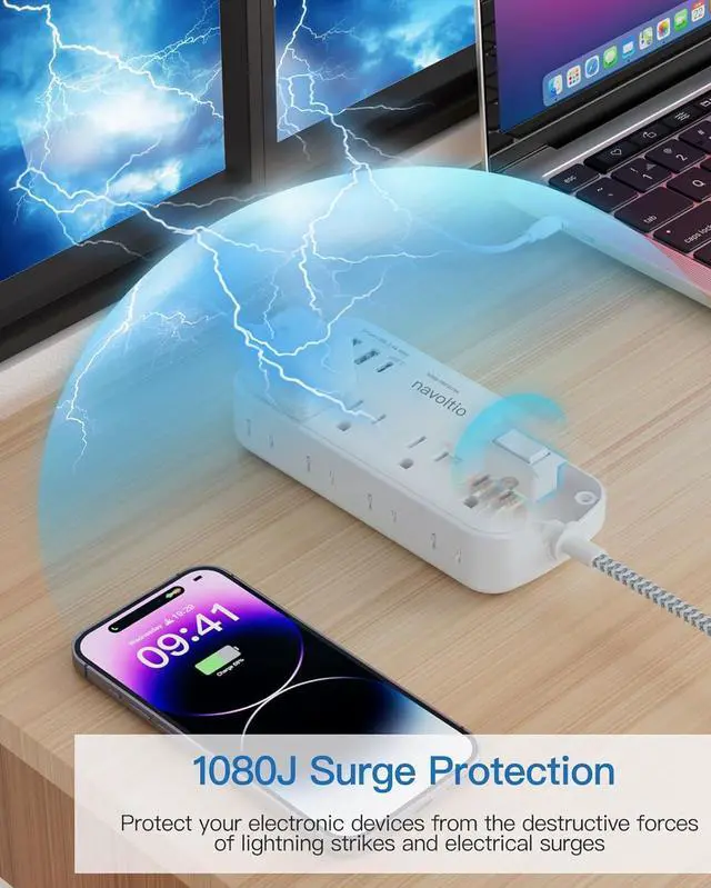 Alt view image 6 of 7 - Extension Cord 25 FT Multiple Outlets - Surge Protector Power Strip 8 AC Outlets 3 USB (3.4A 17W) 1080 Joules Flat Long Braided Cord Wall Mountable for Home College Dorm 13A 1625W