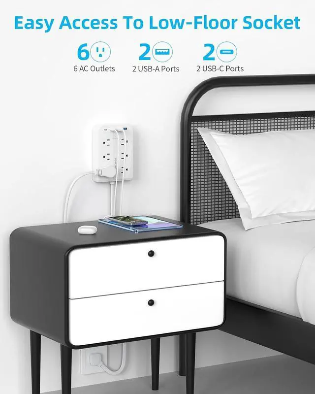 Alt view image 2 of 7 - 5 FT Flat Plug Extension with 4 USB(2 USB C), 6 AC Outlets Multiple Plug Expander Wall Charger, Ultra Thin Extension Cord, Power Strip Surge Protector for Home Office Kitchen. White