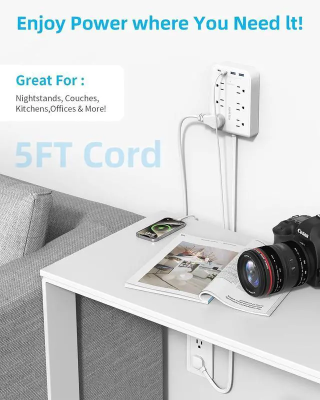 Alt view image 4 of 7 - 5 FT Flat Plug Extension with 4 USB(2 USB C), 6 AC Outlets Multiple Plug Expander Wall Charger, Ultra Thin Extension Cord, Power Strip Surge Protector for Home Office Kitchen. White