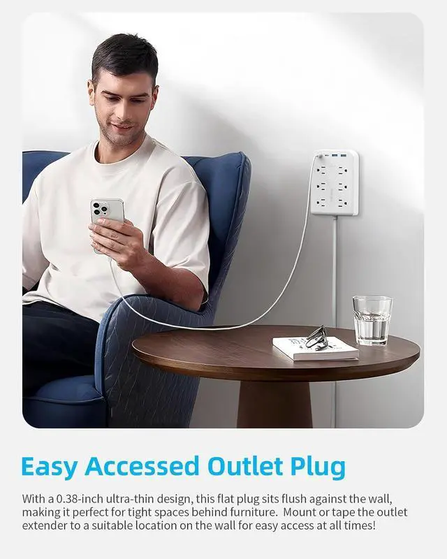 Alt view image 7 of 7 - 5 FT Flat Plug Extension with 4 USB(2 USB C), 6 AC Outlets Multiple Plug Expander Wall Charger, Ultra Thin Extension Cord, Power Strip Surge Protector for Home Office Kitchen. White