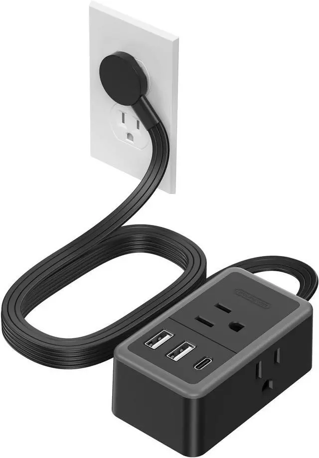 Main image of NTONPOWER Flat Plug Extension Cord, 5ft Flat Extension Cord with 3 Outlets 3 USB (1 USB C) Black Extension Cord for Home Office Dorm Room Essentials