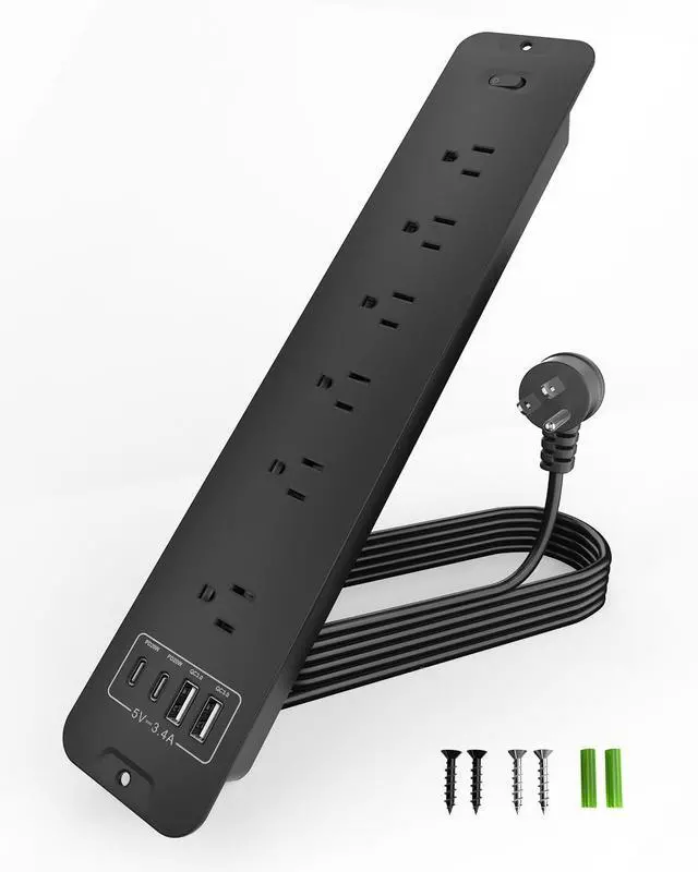 Main image of Recessed Power Strip Extension - 10 Outlet Surge Protector with 6 AC - 2 USB-A18W and 2 USB-CPD20W Ports - Flush Mount Desk Outlet with 6 Feet Cord - for Conference Table (Black)