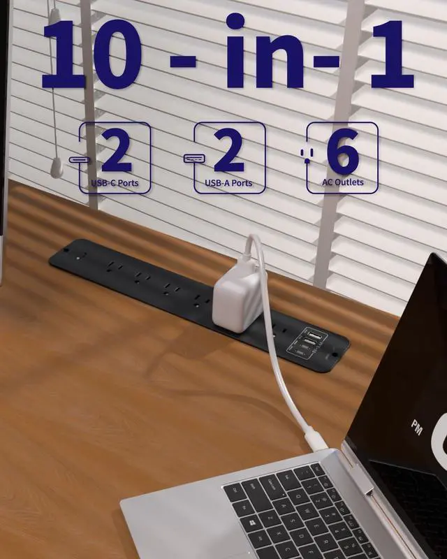 Alt view image 2 of 7 - Recessed Power Strip Extension - 10 Outlet Surge Protector with 6 AC - 2 USB-A18W and 2 USB-CPD20W Ports - Flush Mount Desk Outlet with 6 Feet Cord - for Conference Table (Black)