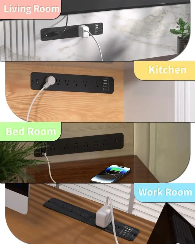 Alt view image 7 of 7 - Recessed Power Strip Extension - 10 Outlet Surge Protector with 6 AC - 2 USB-A18W and 2 USB-CPD20W Ports - Flush Mount Desk Outlet with 6 Feet Cord - for Conference Table (Black)