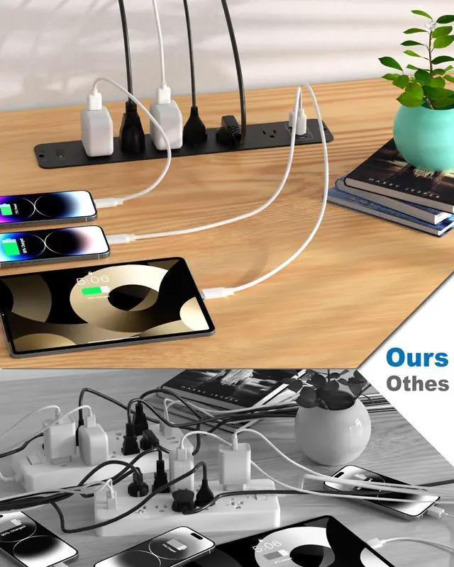 Alt view image 6 of 7 - Recessed Power Strip Extension - 10 Outlet Surge Protector with 6 AC - 2 USB-A18W and 2 USB-CPD20W Ports - Flush Mount Desk Outlet with 6 Feet Cord - for Conference Table (Black)