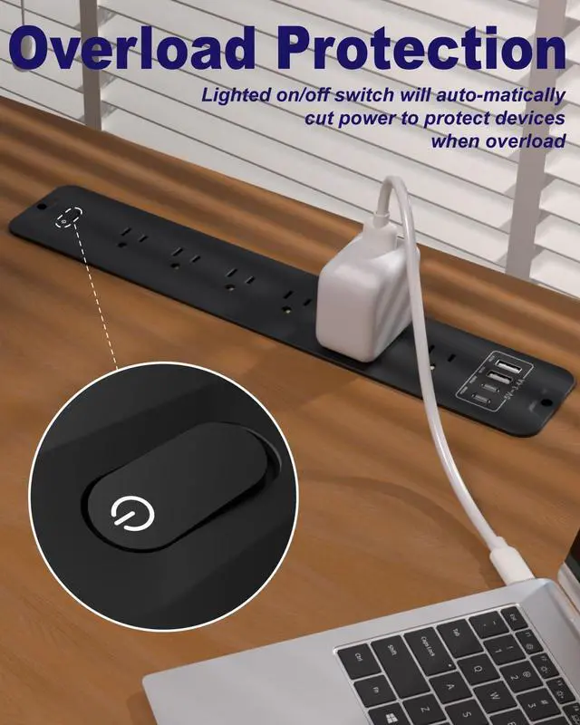 Alt view image 3 of 7 - Recessed Power Strip Extension - 10 Outlet Surge Protector with 6 AC - 2 USB-A18W and 2 USB-CPD20W Ports - Flush Mount Desk Outlet with 6 Feet Cord - for Conference Table (Black)