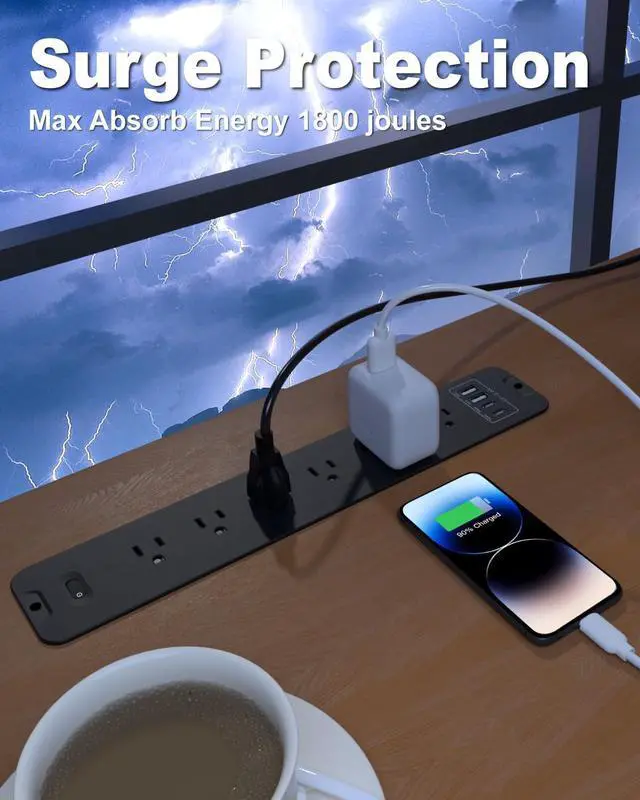 Alt view image 4 of 7 - Recessed Power Strip Extension - 10 Outlet Surge Protector with 6 AC - 2 USB-A18W and 2 USB-CPD20W Ports - Flush Mount Desk Outlet with 6 Feet Cord - for Conference Table (Black)