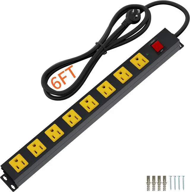 Main image of Heavy Duty Surge Protector 8 Outlet Long Power Strip Extension Cord Wide Spaced and Wall Mount Metal Powerstrip for Home Office Workshop Garage (6FT)