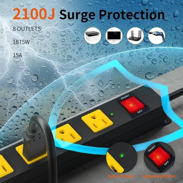 Alt view image 5 of 7 - Heavy Duty Surge Protector 8 Outlet Long Power Strip Extension Cord Wide Spaced and Wall Mount Metal Powerstrip for Home Office Workshop Garage (6FT)