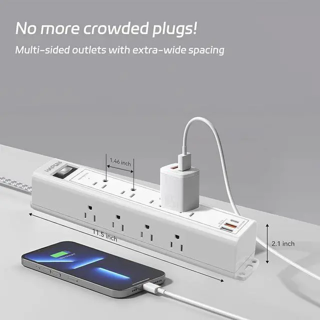Alt view image 7 of 7 - Surge Protector Power Strip 5 FT Extension Cord with Multiple Outlets - 12 Widely AC Outlets and 3 USB Ports, Flat Plug, Wall Mount Outlet Extender with 1700J Overload Protection, ETL Listed