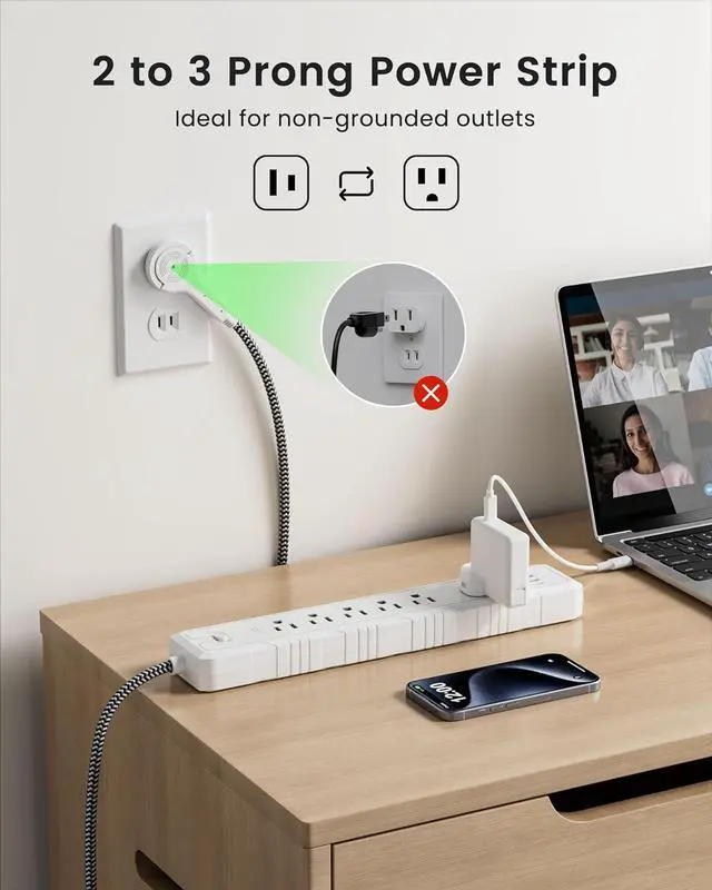 Alt view image 2 of 7 - 2 Prong to 3 Prong Outlet Adapter, LENCENT 2 Prong Power Strip, 1050J 2 Prong Flat Plug Surge Protector, 6ft Extension Cord, 6 AC Outlets & 4 USB(1 Type-C), Ideal for Non-Grounded Outlets