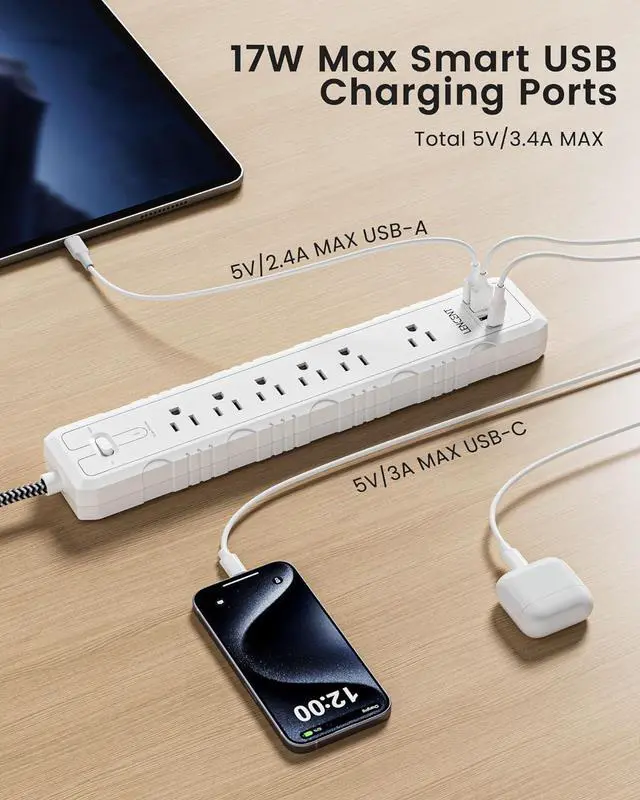 Alt view image 5 of 7 - 2 Prong to 3 Prong Outlet Adapter, LENCENT 2 Prong Power Strip, 1050J 2 Prong Flat Plug Surge Protector, 6ft Extension Cord, 6 AC Outlets & 4 USB(1 Type-C), Ideal for Non-Grounded Outlets