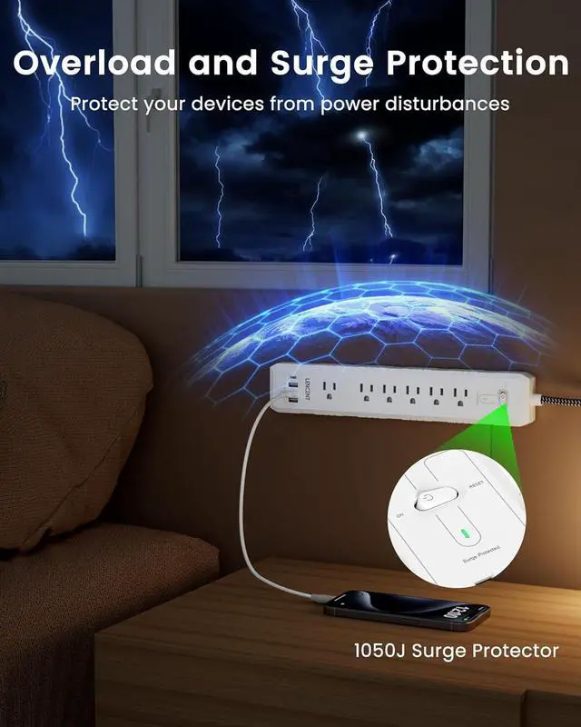 Alt view image 6 of 7 - 2 Prong to 3 Prong Outlet Adapter, LENCENT 2 Prong Power Strip, 1050J 2 Prong Flat Plug Surge Protector, 6ft Extension Cord, 6 AC Outlets & 4 USB(1 Type-C), Ideal for Non-Grounded Outlets