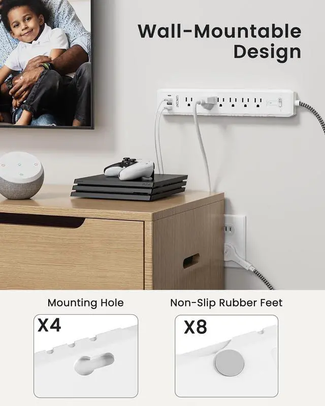 Alt view image 7 of 7 - 2 Prong to 3 Prong Outlet Adapter, LENCENT 2 Prong Power Strip, 1050J 2 Prong Flat Plug Surge Protector, 6ft Extension Cord, 6 AC Outlets & 4 USB(1 Type-C), Ideal for Non-Grounded Outlets