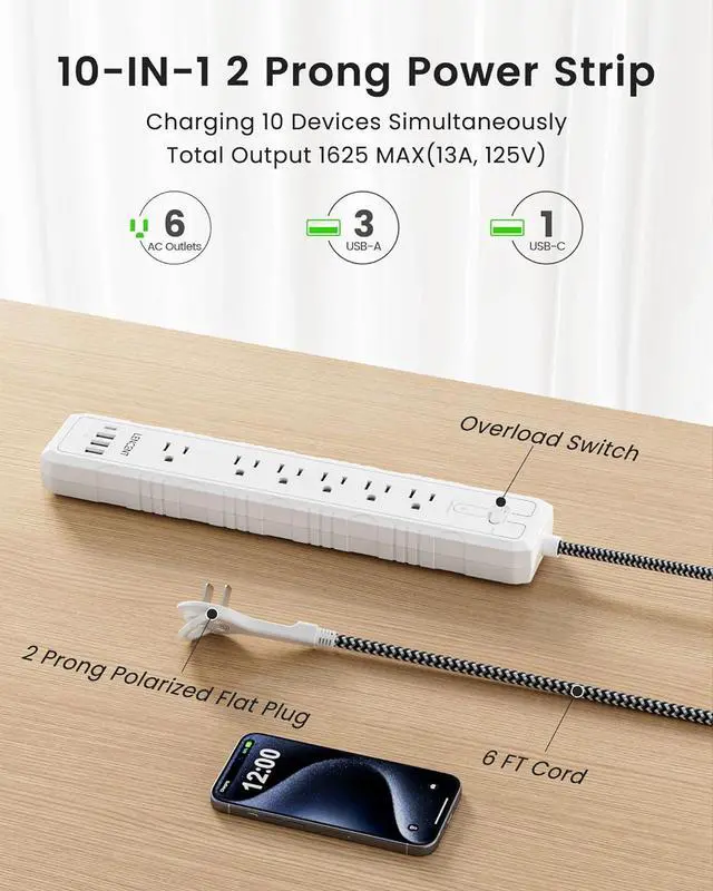 Alt view image 4 of 7 - 2 Prong to 3 Prong Outlet Adapter, LENCENT 2 Prong Power Strip, 1050J 2 Prong Flat Plug Surge Protector, 6ft Extension Cord, 6 AC Outlets & 4 USB(1 Type-C), Ideal for Non-Grounded Outlets