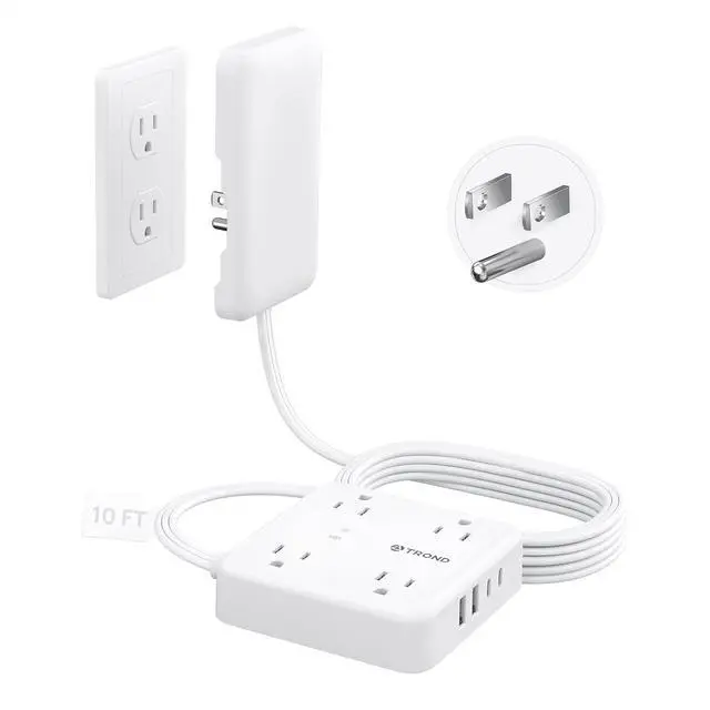 Main image of TROND Flat Plug Power Strip with Outlet Cover - 10ft Extension Cord with Multiple Outlets and 4 USB Ports, Mountable Surge Protector Outlet Concealer, Kitchen Home Improvement for Hide Messy, White