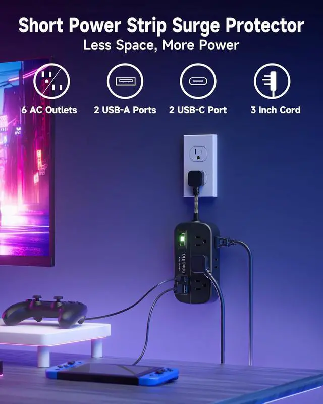 Alt view image 2 of 7 - Short Extension Cord Surge Protector, 6 AC Outlets with 4 USB Fast Charge (5V/3.4A 17W), 3' Mini Extension Cord, Small Compact Power Strip, Flat Outlet Extender, 1080J for Home Office Dorm