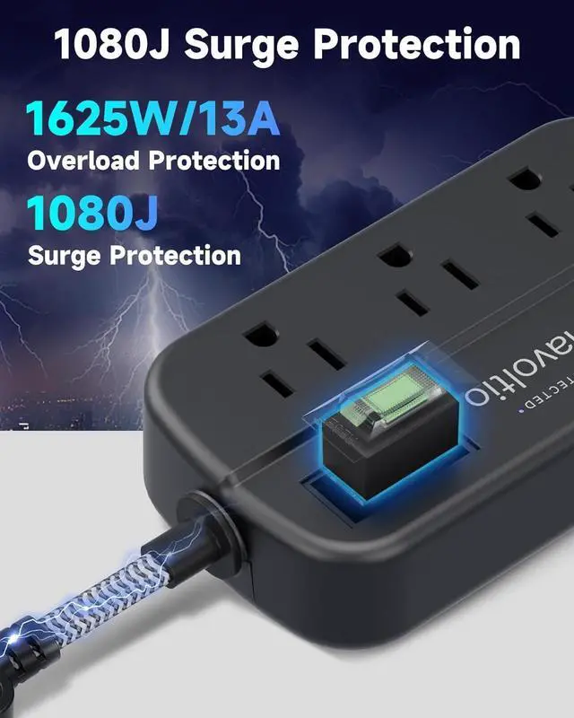 Alt view image 3 of 7 - Short Extension Cord Surge Protector, 6 AC Outlets with 4 USB Fast Charge (5V/3.4A 17W), 3' Mini Extension Cord, Small Compact Power Strip, Flat Outlet Extender, 1080J for Home Office Dorm