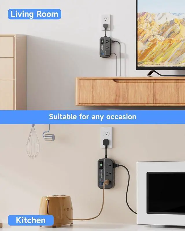 Alt view image 7 of 7 - Short Extension Cord Surge Protector, 6 AC Outlets with 4 USB Fast Charge (5V/3.4A 17W), 3' Mini Extension Cord, Small Compact Power Strip, Flat Outlet Extender, 1080J for Home Office Dorm