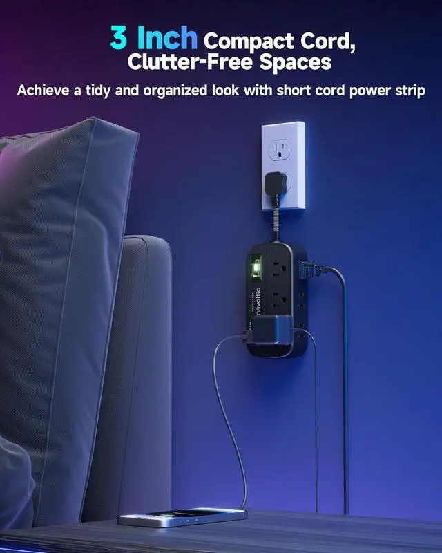 Alt view image 5 of 7 - Short Extension Cord Surge Protector, 6 AC Outlets with 4 USB Fast Charge (5V/3.4A 17W), 3' Mini Extension Cord, Small Compact Power Strip, Flat Outlet Extender, 1080J for Home Office Dorm