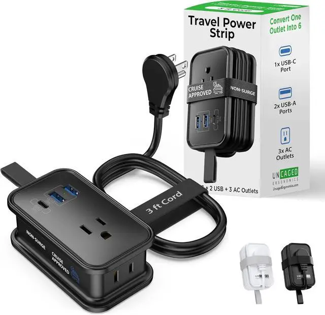 Main image of Travel Charger for Multiple Devices, Flat Plug Power Strip 3ft Adapter Extension Cord, 3 AC Outlets, 2 USB & 1 Fast Charging USB-C, No Surge Cruise Approved, Portable Power Strip