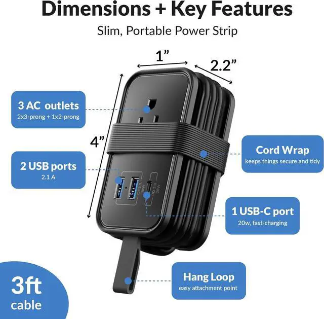 Alt view image 2 of 7 - Travel Charger for Multiple Devices, Flat Plug Power Strip 3ft Adapter Extension Cord, 3 AC Outlets, 2 USB & 1 Fast Charging USB-C, No Surge Cruise Approved, Portable Power Strip