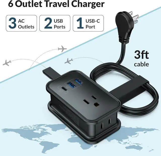 Alt view image 3 of 7 - Travel Charger for Multiple Devices, Flat Plug Power Strip 3ft Adapter Extension Cord, 3 AC Outlets, 2 USB & 1 Fast Charging USB-C, No Surge Cruise Approved, Portable Power Strip