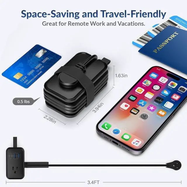 Alt view image 4 of 7 - Travel Charger for Multiple Devices, Flat Plug Power Strip 3ft Adapter Extension Cord, 3 AC Outlets, 2 USB & 1 Fast Charging USB-C, No Surge Cruise Approved, Portable Power Strip