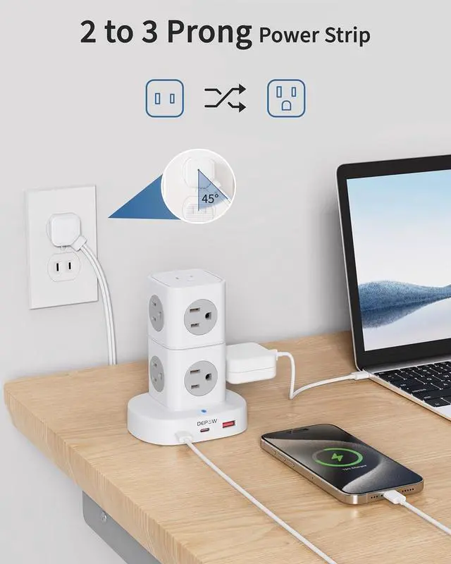 Alt view image 2 of 7 - 2 Prong Power Strip, 2 to 3 Prong Outlet Adapter with 9 Outlets 3 USB Ports (2 USB C), 1700J Two Prong Surge Protector, 5FT Extension Cord, Wall Mount for Old House Non-Grounded Outlets