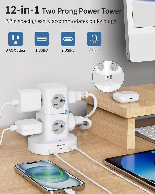 Alt view image 3 of 7 - 2 Prong Power Strip, 2 to 3 Prong Outlet Adapter with 9 Outlets 3 USB Ports (2 USB C), 1700J Two Prong Surge Protector, 5FT Extension Cord, Wall Mount for Old House Non-Grounded Outlets
