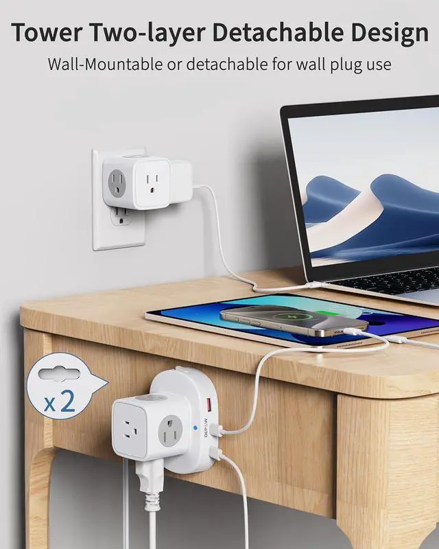 Alt view image 4 of 7 - 2 Prong Power Strip, 2 to 3 Prong Outlet Adapter with 9 Outlets 3 USB Ports (2 USB C), 1700J Two Prong Surge Protector, 5FT Extension Cord, Wall Mount for Old House Non-Grounded Outlets