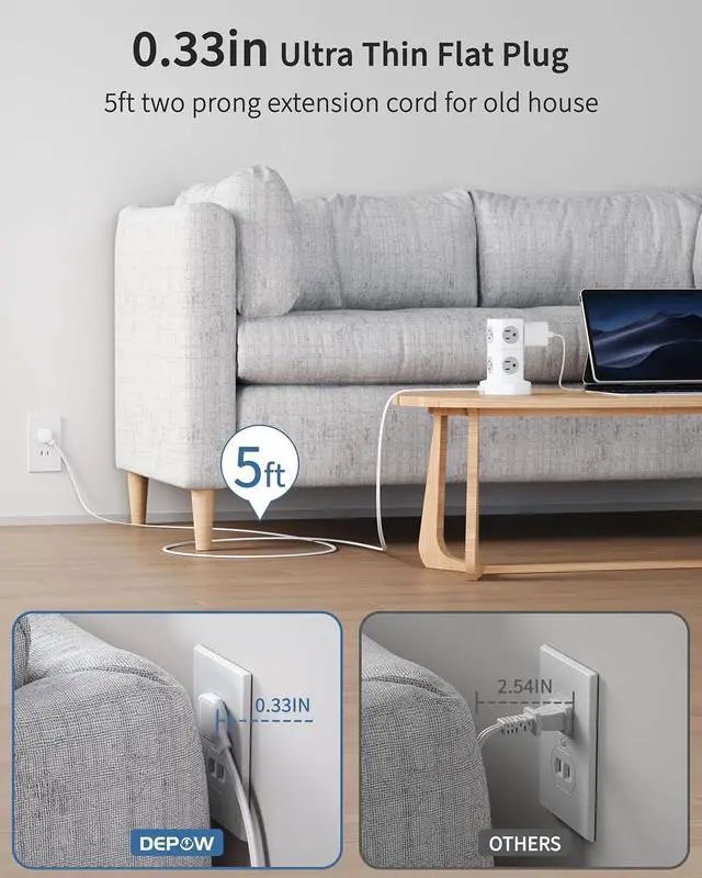 Alt view image 5 of 7 - 2 Prong Power Strip, 2 to 3 Prong Outlet Adapter with 9 Outlets 3 USB Ports (2 USB C), 1700J Two Prong Surge Protector, 5FT Extension Cord, Wall Mount for Old House Non-Grounded Outlets