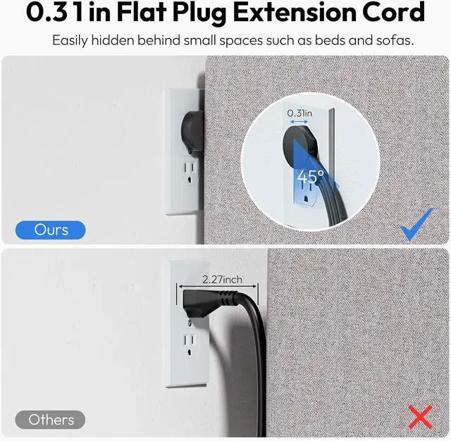 Alt view image 2 of 6 - NTONPOWER Flat Plug Extension Cord, 5ft Flat Extension Cord with 3 Outlets 3 USB (1 USB C) Black Extension Cord for Home Office Dorm Room Essentials