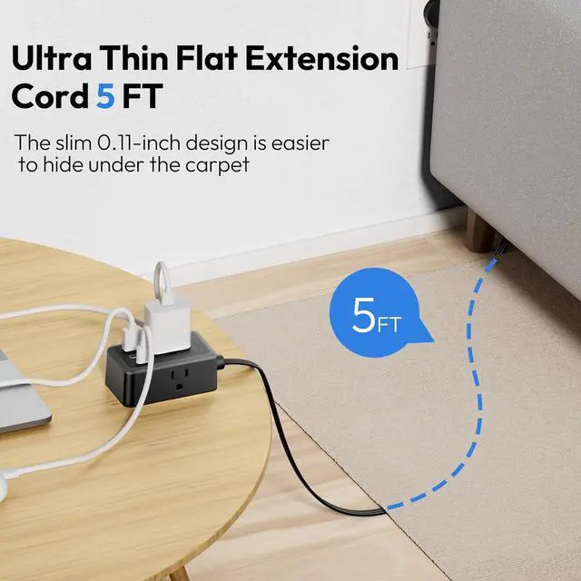 Alt view image 3 of 6 - NTONPOWER Flat Plug Extension Cord, 5ft Flat Extension Cord with 3 Outlets 3 USB (1 USB C) Black Extension Cord for Home Office Dorm Room Essentials