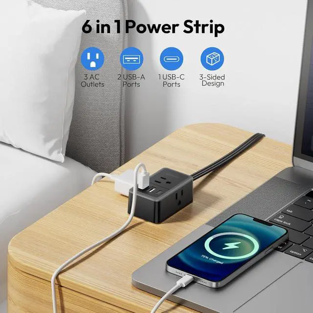 Alt view image 5 of 6 - NTONPOWER Flat Plug Extension Cord, 5ft Flat Extension Cord with 3 Outlets 3 USB (1 USB C) Black Extension Cord for Home Office Dorm Room Essentials