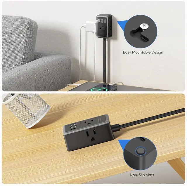 Alt view image 6 of 6 - NTONPOWER Flat Plug Extension Cord, 5ft Flat Extension Cord with 3 Outlets 3 USB (1 USB C) Black Extension Cord for Home Office Dorm Room Essentials