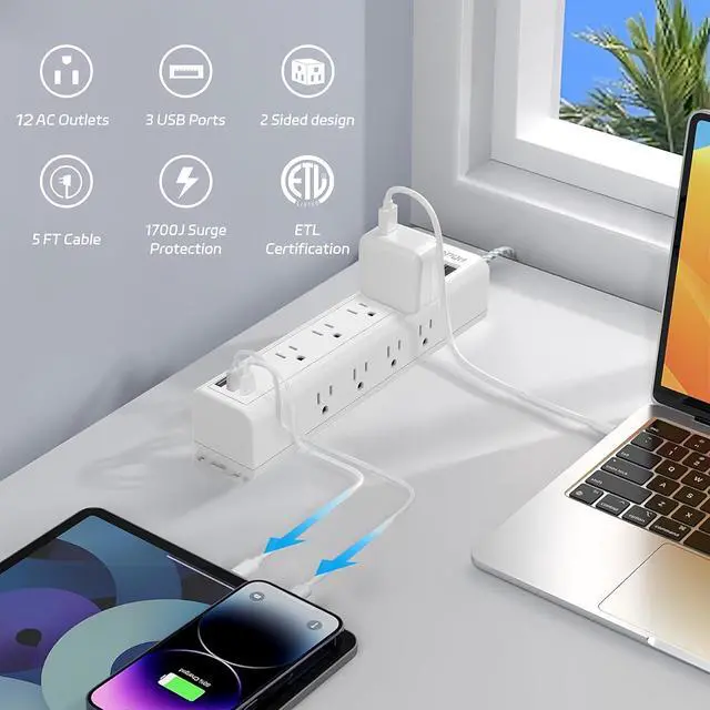 Alt view image 2 of 7 - Surge Protector Power Strip 5 FT Extension Cord with Multiple Outlets - 12 Widely AC Outlets and 3 USB Ports, Flat Plug, Wall Mount Outlet Extender with 1700J Overload Protection, ETL Listed
