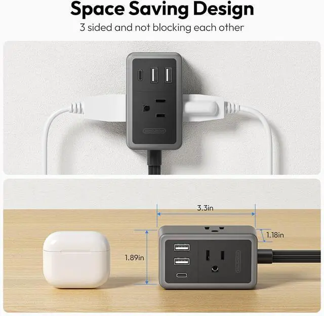 Alt view image 4 of 6 - NTONPOWER Flat Plug Extension Cord, 5ft Flat Extension Cord with 3 Outlets 3 USB (1 USB C) Black Extension Cord for Home Office Dorm Room Essentials