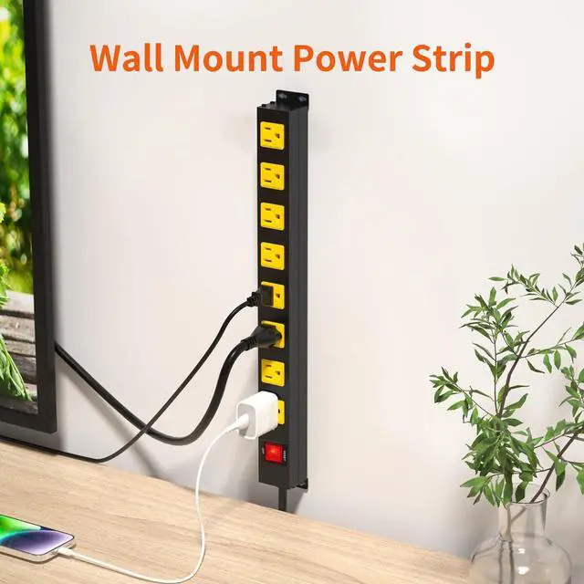 Alt view image 3 of 7 - Heavy Duty Surge Protector 8 Outlet Long Power Strip Extension Cord Wide Spaced and Wall Mount Metal Powerstrip for Home Office Workshop Garage (6FT)